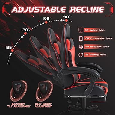 Shahoo Gaming Chair with Footrest and Massage Lumbar Support, Ergonomic Computer Chairs 360°Swivel and Height Adjustable Seat with Headrest for Office or Bedroom, Study Room, Red - Image 6