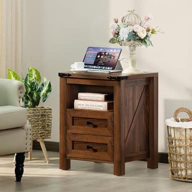 Joaxswe Nightstands Set of 2 with Charging Station, Farmhouse Side End Table with 2 Drawers and Open Shelf, Wood Rustic Sofa Table, Bedside Cabinet for Bedroom, Living Room, Closet, Office(Brown) - Image 2