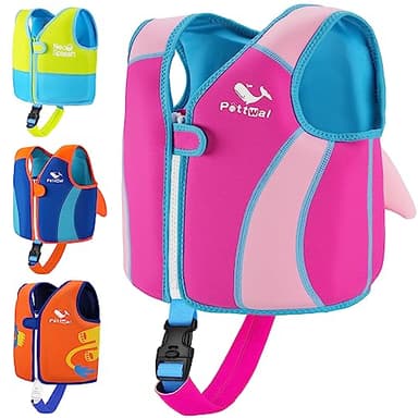 Pottwal Swim Vest for Kids - Swim Jacket for 1-2 Years (24-33LBS Weight) - Buoyancy Aid Made of EPE and Neoprene - with Adjustable Crotch Strap - Pink Fish Fin Pattern - Image 1