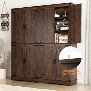 Hlivelood 71" Tall Kitchen Pantry,Farmhouse Storage Cabinet with Adjustable Shelves,Load-Bearing Steel Pipe,Farmhouse Pantry Cabinet with 4 Barn Doors, for Kitchen,Dining Room,Living Room(Brown) - Image 5