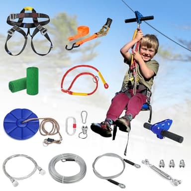 Zipline for Kids and Adult, Zip line Kits for Backyard with Stainless Steel Spring Brake, Cable Tensioning Kit, Safety Harness, 2 Tree Protectors and Full Set of Zip line Accessories - Image 1