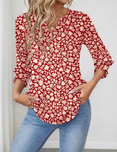 LOMON Womens Christmas Tops 3/4 Length Sleeve Womens Tops V Neck T Shirt for Womens Fashion Trendy Red Apricot Floral XXL - Image 3