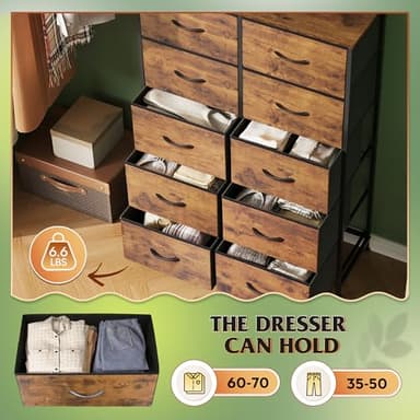 WLIVE Tall Dresser for Bedroom with 10 Fabric Drawers, Organizer Units for Closet, Storage Tower with Cabinet, Metal Frame, Rustic Brown Wood Grain Print Dressers - Image 4