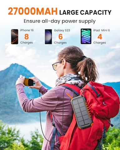 Riapow Solar Charger Power Bank: 27000mAh Wireless Portable Charger Built-in Cables - 22.5W Fast Charging Battery Bank with USB C - PD QC3.0 External Battery Pack for Phone - 2 Flashlights for Outdoor - Image 4