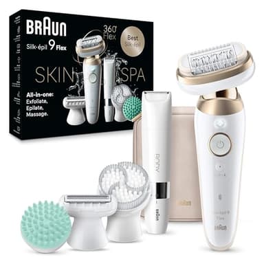 Braun Epilator Silk-épil 9 Flex SkinSpa, Hair Removal Device, 360 Flex and Pivoting Head, Wet and Dry, Includes Shaver Head, Trimmer Comb, Massage Pad, Exfoliation Brush and BodyTrimmer, SES9-481 3D - Image 1