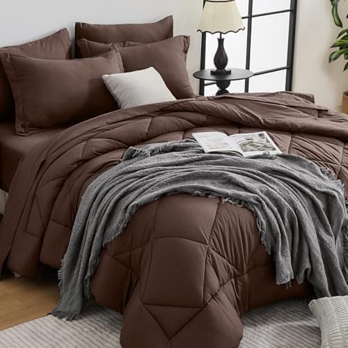 HEVUMYI Brown Queen Comforter Set - 7-Piece All Season Bed in a Bag Queen, Ultra Soft Bedding Set with Comforter, Flat Sheet, Fitted Sheet, Pillowcases, Pillow Shams - Image 1