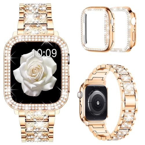 Mosonio Compatible with Apple Watch Band 38mm with Case Women, Jewelry Replacement Metal Wristband Strap with 2 Pack Bling PC Protective Cover for iWatch Series 3/2/1(Rose Gold) - Image 1