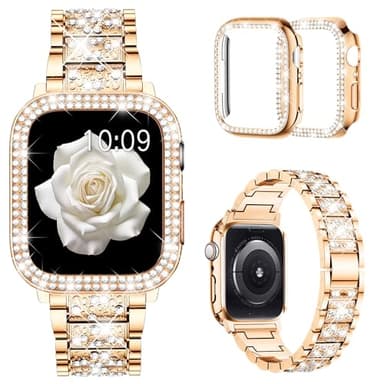 Mosonio Compatible with Apple Watch Band 38mm with Case Women, Jewelry Replacement Metal Wristband Strap with 2 Pack Bling PC Protective Cover for iWatch Series 3/2/1(Rose Gold) - Image 1