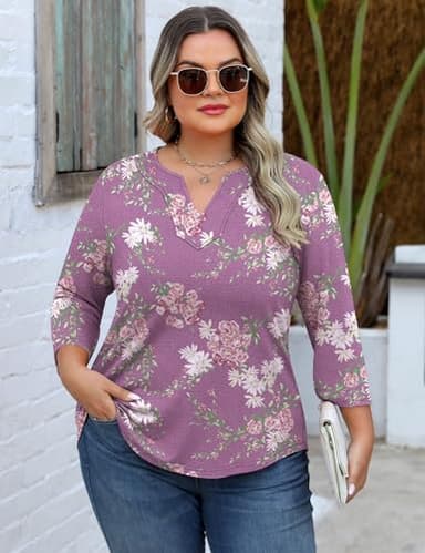 Romanstii Womens Floral Plus Size Shirts 4X 3/4 Sleeve Tops V Neck Summer Tee Loose Spring Blouse Mauve Print 3XL - Image 4