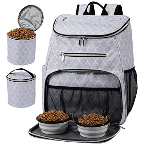 BAGLHER Dog Travel Bag Backpack, Airline Approved Pet Supplies Backpack, Dog Travel Backpack with 2 Silicone Collapsible Bowls and 2 Food Baskets DLWhite - Image 1