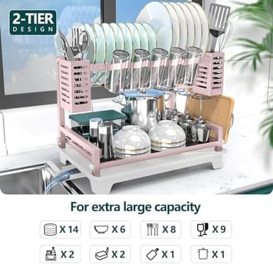 B-Land Dish Drying Rack, 2 Tier Dish Racks for Kitchen Counter, Large Dish Drying Rack with Drainboard & Utensil Holders, Rust-Proof Dish Drainers,Kitchen Organization - Image 4