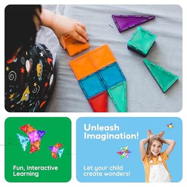 PicassoTiles 80 Pieces Magnetic Building Tiles Magnet Toys Diamond Educational Playset for STEM Sensory Gifts Kid Brain Development Stacking Blocks Construction Set - Image 4