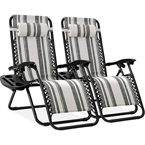 Best Choice Products Set of 2 Adjustable Steel Mesh Zero Gravity Lounge Chair Recliners w/Pillows and Cup Holder Trays - Gray Stripes - Image 1