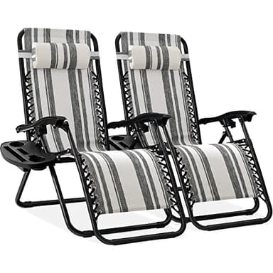 Best Choice Products Set of 2 Adjustable Steel Mesh Zero Gravity Lounge Chair Recliners w/Pillows and Cup Holder Trays - Gray Stripes - Image 1