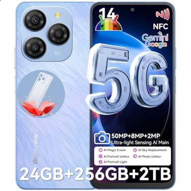 Blackview Shark 9 Unlocked Phones, 5G Smartphones 24GB+128GB/2TB, 50MP+8MP AI Camera, Octa-Core Android 14, 5000mAh/18W Cell Phone, 6.67" HD+, GPS/Fingerprint/Face ID Mobile Phones, Blue Celulares - Image 1