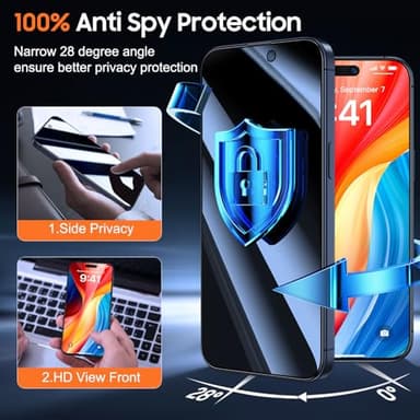 UniqueMe for iPhone 15 Pro Max Privacy Screen Protector - [Military Grade Shatterproof & 9H+ Hardness] Privacy Screen 15 Pro Max Tempered Glass Full Coverage,Easy to install, 2 Packs - Image 2