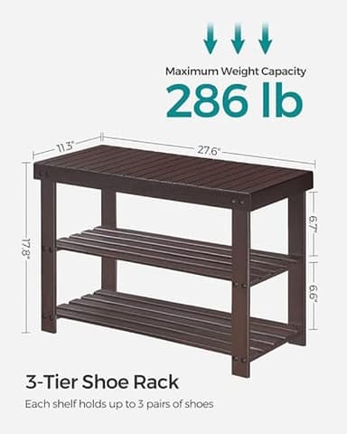SONGMICS Shoe Rack Bench, 3-Tier Bamboo Shoe Storage Organizer, Entryway Bench, Holds Up to 286 lb, 11.3 x 27.6 x 17.8 Inches, for Entryway Bathroom Bedroom, Brown ULBS04Z - Image 6