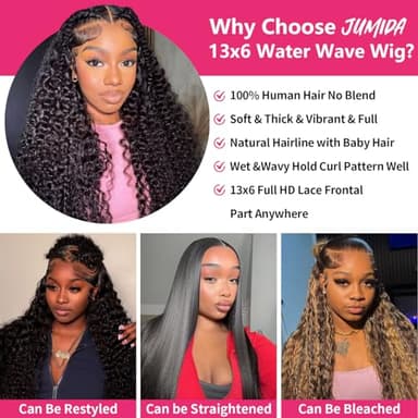Jumida 30 Inch 13x6 Lace Front Wigs Human Hair Water Wave 200 Density 13x6 HD Full Lace Frontal Wigs Pre Plucked Wet and Wavy Glueless Deep Curly Human Hair Wigs for Women Natural Black - Image 5