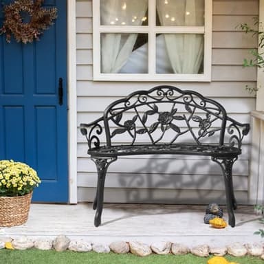 VINGLI 38.5" Patio Park Garden Outdoor Metal Rose Bench,Cast Iron Cast Aluminium Frame Antique Finish Chair,Accented Lawn Front Porch Path Yard Decor Deck Furniture for 2 Person Seat（Black - Image 2
