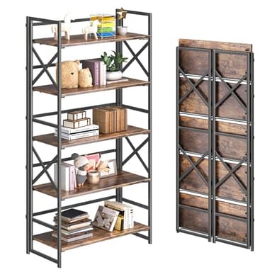 4NM 5 Tiers No Assembly Book Shelves, 51.2" H Folding Bookshelf Bookcase Open Industrial Foldable Shelves for Bedroom, Living Room, Home Office - Rustic Brown Black - Image 1