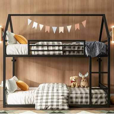 LIKIMIO Bunk Bed Twin Over Twin, House Bunk Bed Frame with Ladder and Guardrail, House Shaped with Metal Slats for Dormitory and Bedroom, Space Saving, No Box Spring Needed, Black - Image 6