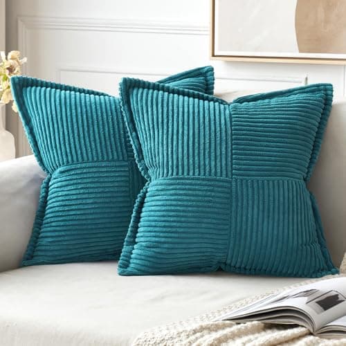MIULEE Decorative Throw Pillow Covers for Couch Bed Livingroom 20x20 Inch Set of 2 Teal Blue Boho Accent Throw Pllows Broadside Striped Patchwork Soft Corduroy Summer Coastal Pillowcases - Image 1