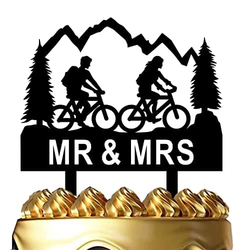 Funny Wedding Cake Topper - Groom and Bride with Backpacks on Mountain Bikes - Mountain Biker Couple Cake Topper, Mr&Mrs Wedding Cake Topper (Mountain Biker) - Image 1