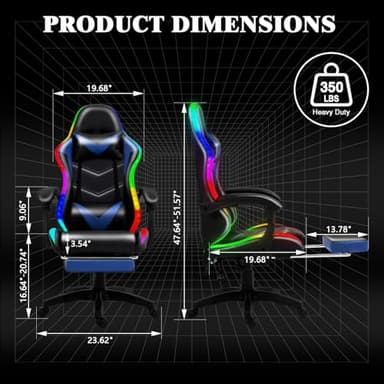 Czlolo Gaming Chair, Racing Style RGB LED Lights Gaming Chairs for Adults and Kids, Lumbar Massager Gamer Chair, High Back Reclining Computer Chair with Footrest and Headrest (Black/Blue) - Image 2