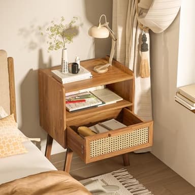 Lerliuo Rattan Nightstands Set of 2, Side Table with Drawer, Cane Accent Bedside End Table with Solid Wood Legs, Mid Century Modern Night Stand for Bedroom, Dorm and Small Spaces (Tea Brown) - Image 5