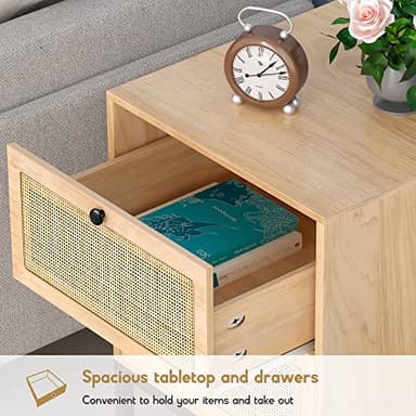 XIAO WEI Natural Rattan Nightstand Set of 2, Boho Night Stand with Drawers, Bedside Table Accent Cane End Table Side Table for Bedroom Living Room, Metal Legs/Small/Natural - Image 6
