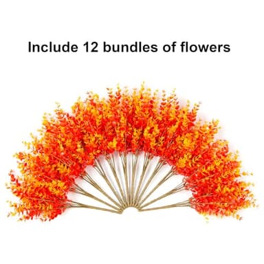 Artificial Fake Fall Autumn Eucalyptus Plants Flowers for Outdoor Outside Decoration, Faux Silk Orange Boxwood Look Real UV Resistant for Home Porch Patio Planter Decor，12 Bundles - Image 4