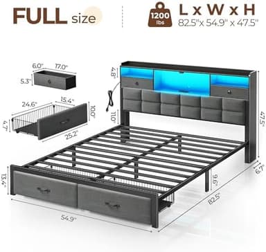 Rolanstar Bed Frame Full Size with Drawers and Charging Station, Upholstered Platform Bed with Storage Headboard and LED Light, Heavy Duty Metal Frame Support, No Box Spring Needed, Noise Free, Grey - Image 4