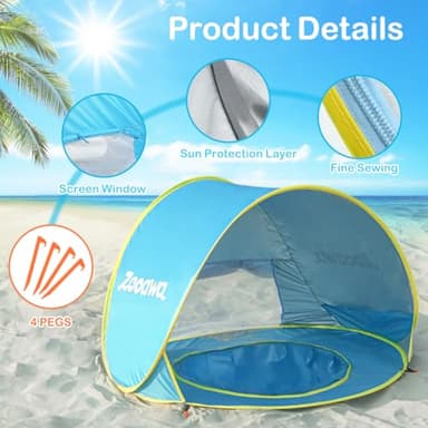 Zooawa Baby Beach Tent, Pop Up Beach Tent Sun Shade for Beach, Portable Shade Pool UV Protection Sun Shelter for Infant with Beach Sand Toys Set, No Pattern, Blue - Image 7