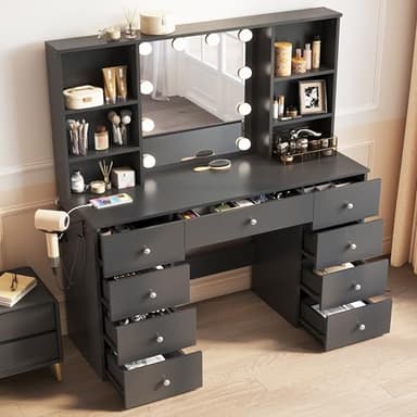 LINSY HOME Vanity with Storage, Black Makeup Vanity with Mirror and Lights, 47" Make Up Vanity Desk with Drawers, Shelves & Charging Station, Modern Large Vanity Table for Bedroom, Women, Girls - Image 4