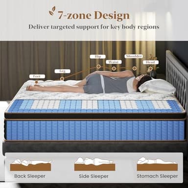 Queen Mattress 14 Inch, Cooling Hybrid Bed in a Box, Individual Pocket Springs, Motion Isolation, Targeted Hip/Shoulder/Lumbar Support, Fiberglass-Free, Ergonomic Zones, 365-Night Trial, CertiPUR-US - Image 3
