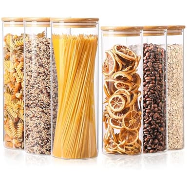 ComSaf Glass Food Storage Jars Set of 6, Tall Glass Storage Containers with Lids, Spaghetti Jar, Canisters Set for the kitchen, Pasta, Flour, Nuts, Oat, Coffee and Sugar Container, Pantry Organization - Image 1