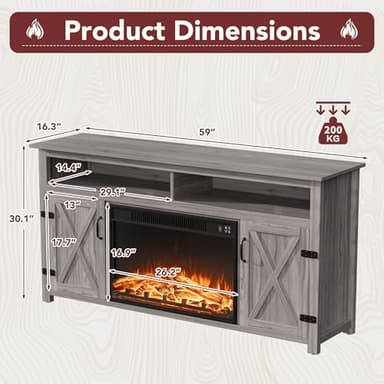 JUMMICO Fireplace TV Stand for TVs Up to 65+ Inch Entertainment Center with Open Storage Shelves and Side Cabinets, Media Console Table with Barn Doors for Living Room (Grey) - Image 7