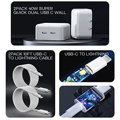 iPhone Charger Fast Charging, 40W Dual USB C Wall Charger [MFi Certified] 2Pack Super Quick Double Port Apple Charger with 10FT Long Lightning Cable for iPhone 14/14 Pro/14 Pro Max/14 Plus/13/12/11/X - Image 5