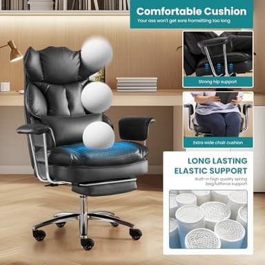 OLIXIS Executive Office Desk Chair, Ergonomic Big Tall High Back Computer Chair with Footrest & Lumbar Support, Reclining Adjustable, Comfy PU Leather Gaming Chair with Outward Fixed Armrests, Black - Image 6