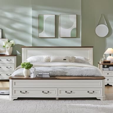 T4TREAM Farmhouse King Bed with Headboard and Storage Bench, Rustic Wood Platform Bed with 80" Storage Chest w/ 4 Large Drawer (Antique White) - Image 3