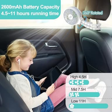 HomeLifairy Portable Stroller Fan, USB or Rechargeable Battery Operated with 3 Speeds and 360°Rotate, Cooling Clip On for Baby Crib Travel Car Seat White - Image 4