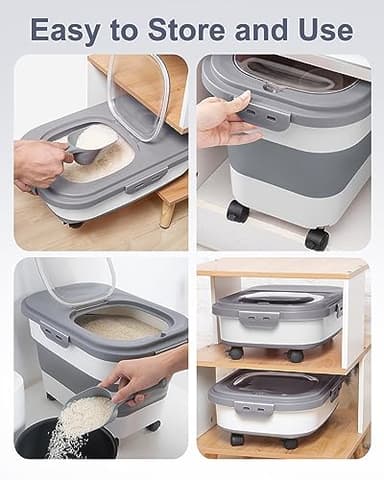 DDMOMMY 20-30 Lbs Rice Storage Container,Collapsible Food Storage Containers with Rolling Wheel Airtight Locking Lid,Flour Storage Container with Cup and Scoop,Suitable for Food,Rice,Pet Food,Flour - Image 4