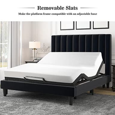 Allewie Queen Bed Frame/Velvet Upholstered Bed Frame with Vertical Channel Tufted Headboard/Strong Wooden Slats/Platform Bed Frame/Mattress Foundation/Box Spring Optional/Easy Assembly/Black - Image 8