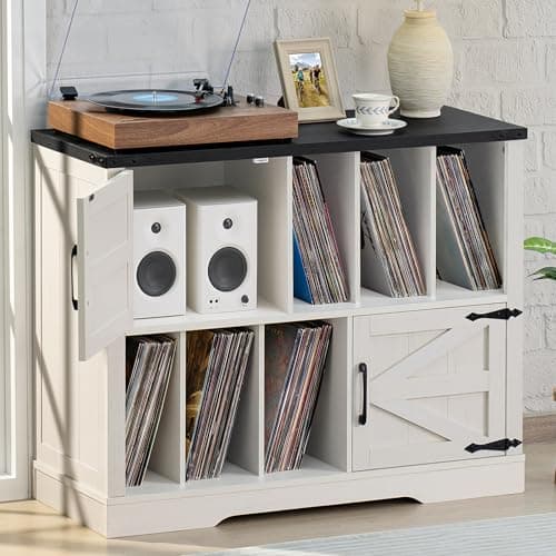 Joaxswe Large Record Player Stand with Vinyl Storage Up to 450 Albums, 39 Inch Farmhouse Rustic Wood White Storage Cabinet with Barn Doors, Vintage Mid-Century Turntable Stand for Bedroom, Living Room - Image 1