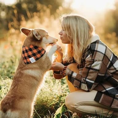 E-Clover Fall Dog Bandana & Matching Scrunchie-Orange Black Dog Bandanas Plaid Pet Scarf Bib for Small Dogs Puppy Girl Boy Owner Gift Orange - Image 2