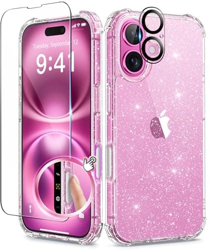 BERFY Compatible with iPhone 16 Case Glitter, [3 in 1] with Screen Protector + Camera Lens Protector, [Non-Yellowing] Clear Sparkle Slim Shockproof Hard Phone Cover for Women 6.1", Shiny Clear - Image 1