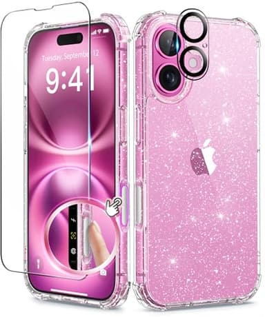 BERFY Compatible with iPhone 16 Case Glitter, [3 in 1] with Screen Protector + Camera Lens Protector, [Non-Yellowing] Clear Sparkle Slim Shockproof Hard Phone Cover for Women 6.1", Shiny Clear - Image 1