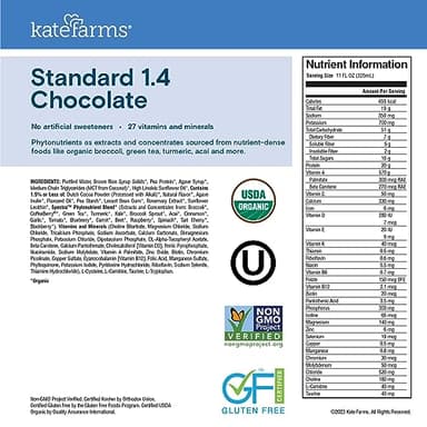 KATE FARMS Organic 1.4 High Calorie Nutrition Shake, Chocolate, 20g Protein, 27 Vitamins and Minerals, Meal Replacement, 11 oz (12 Pack) - Image 6