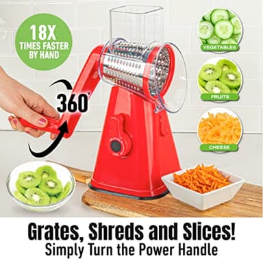 Rotary Cheese Grater with Handle, Cheese Grater Hand Crank, Fast Cutting Grater for Kitchen with 3 Interchangeable Blades, Vegetable Slicer, Cheese Shredder with Suction Cup Base, Dishwasher Safe - Image 2