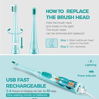 Vekkia Sonic Rechargeable Kids Electric Toothbrush, 3 Modes with Memory, Fun & Easy Cleaning, 24000 Strokes, IPX7 Waterproof, 2-Min Timer for Age 5+, 4 Soft Bristles(Blue) - Image 5